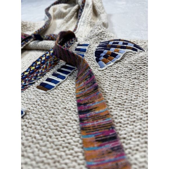 Pilcro Embroidered Knit Hoodie Aztec Boho Artisan Cream Multicolor Trim SZ S - Picture 2 of 12